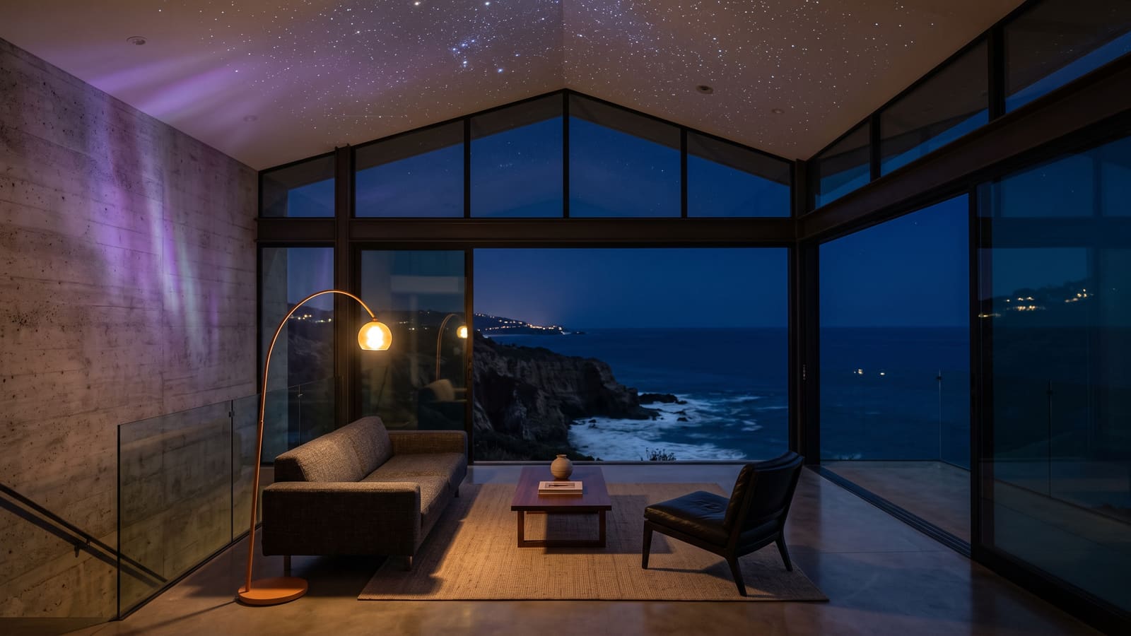 A Bliss light experience scene inspired by La Jolla: a room transformed by galaxy and aurora light