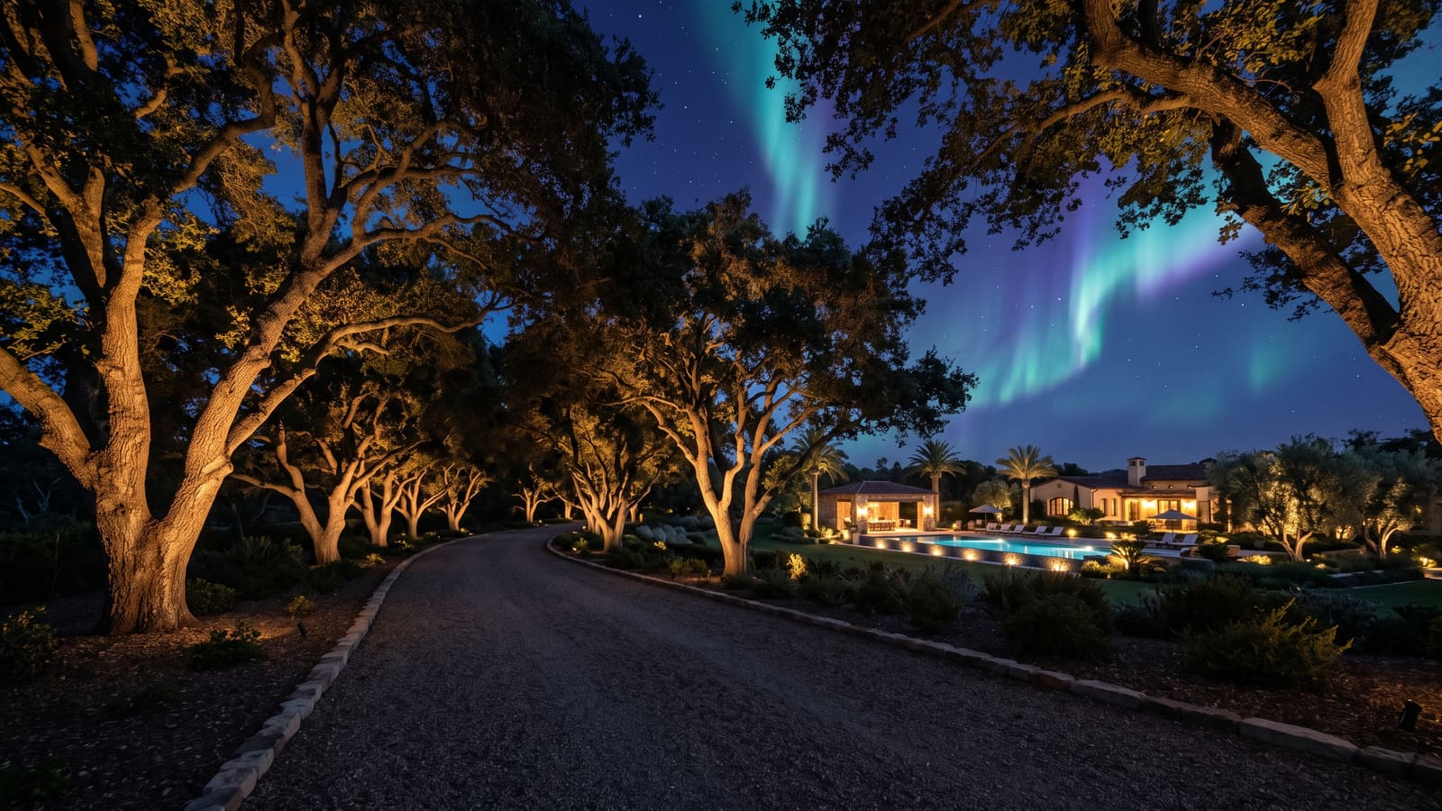 A Bliss light experience scene inspired by Rancho Santa Fe: gardens and grounds under drifting aurora light